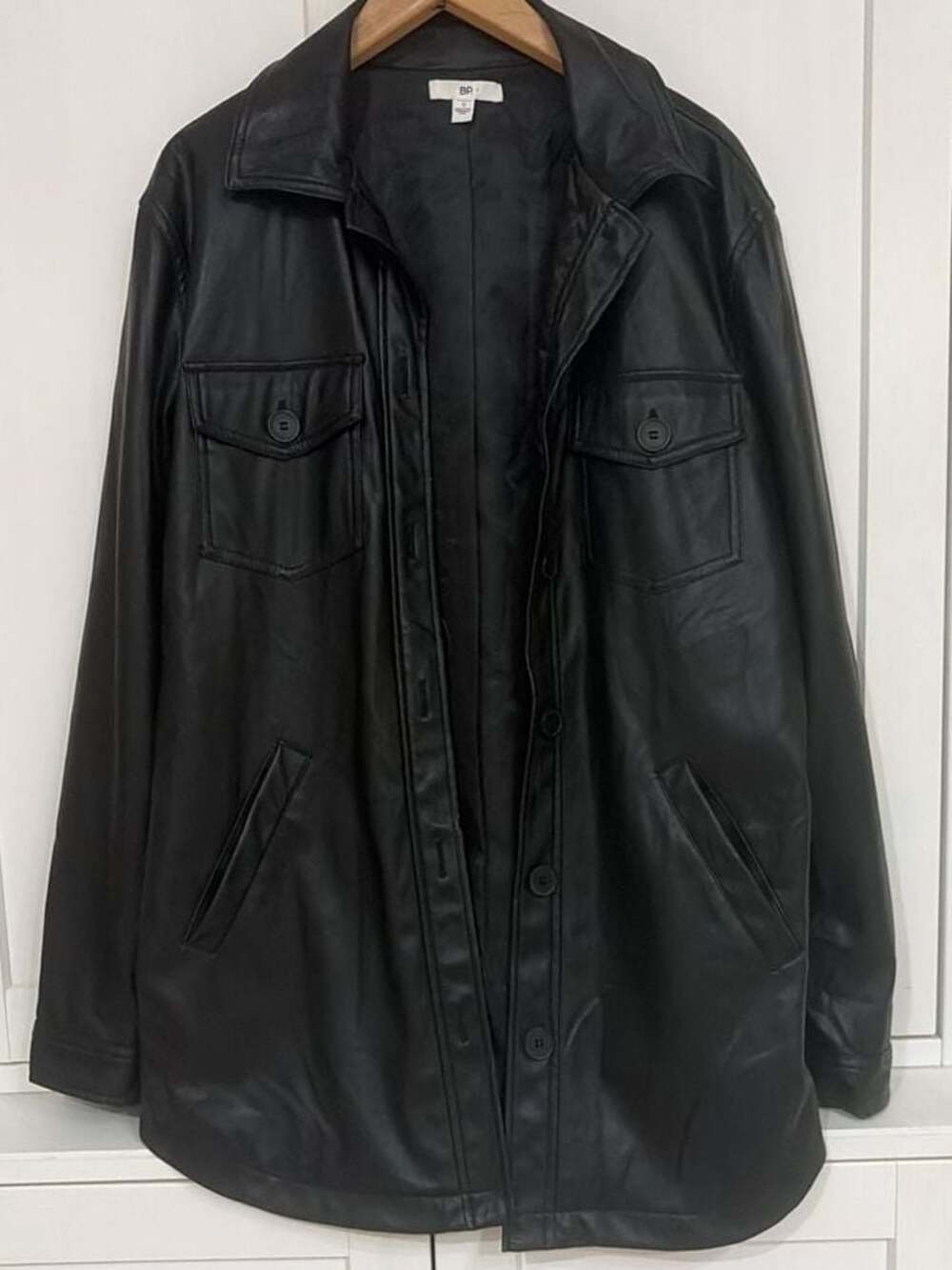 BP. Black Faux Leather Button-Up Shirt Jacket Size Small